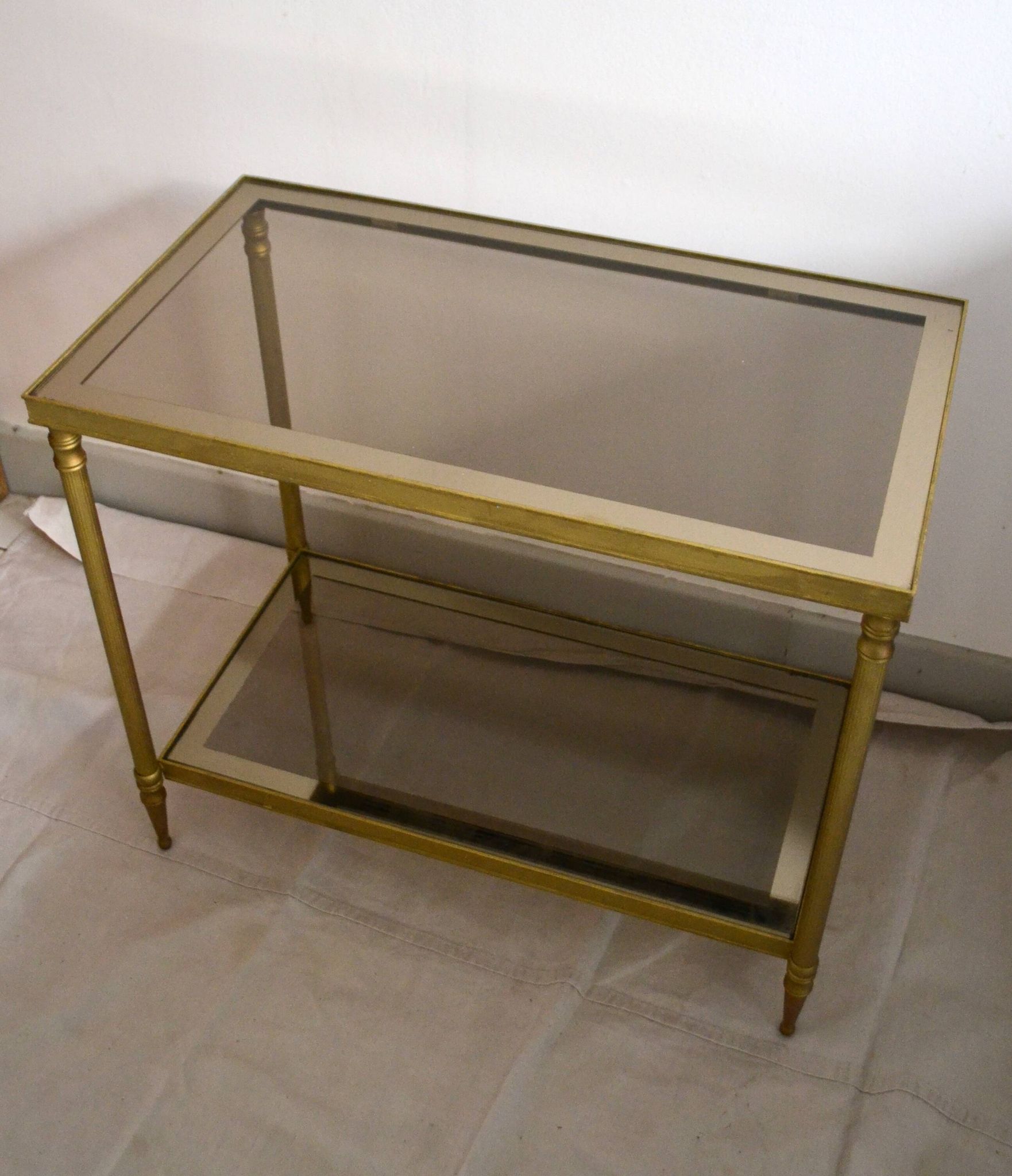 Side table, low table, gold brass, smoked glass, 70s.
