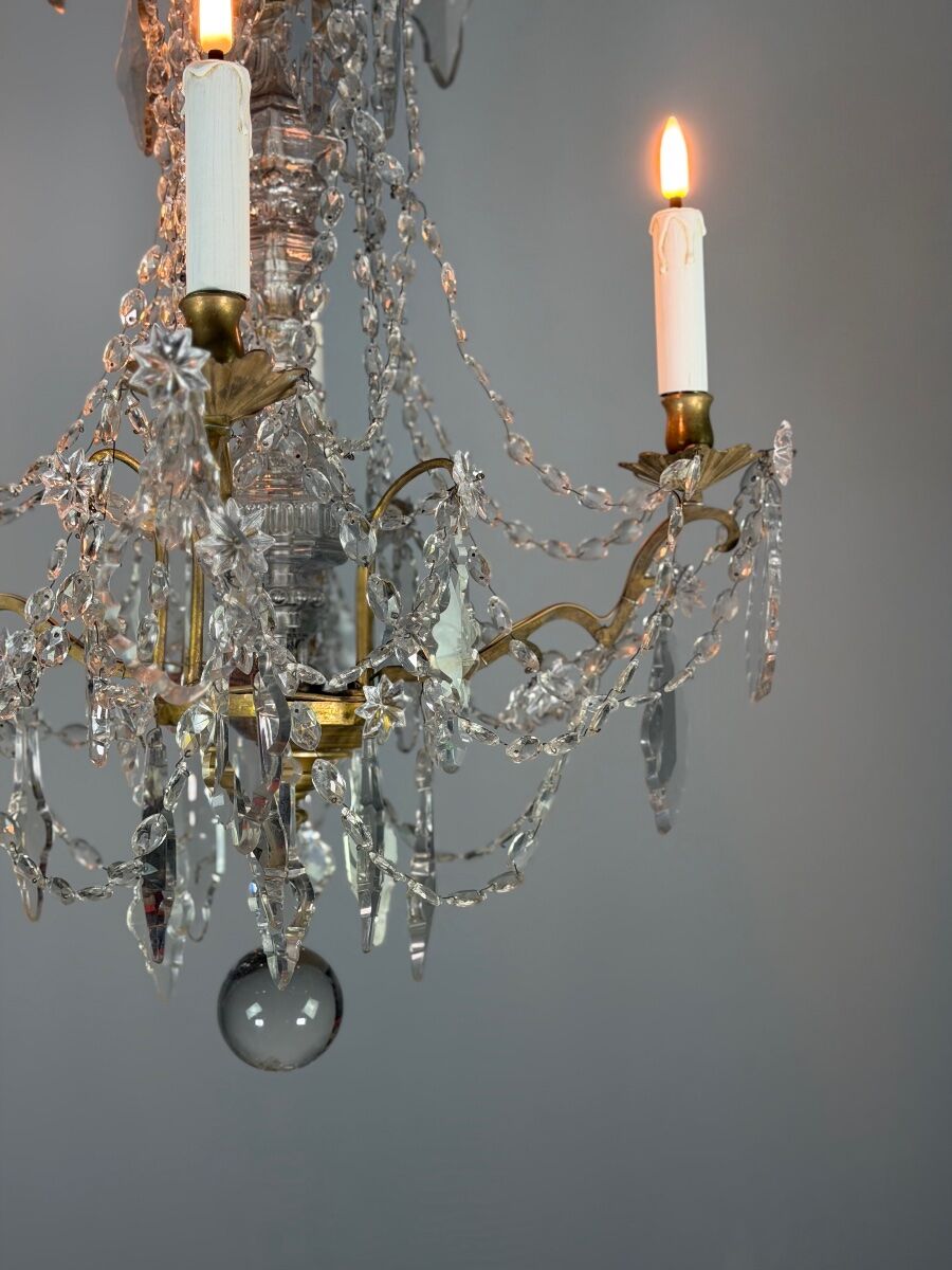 Bronze chandelier with cut crystal pendants, circa 1800.