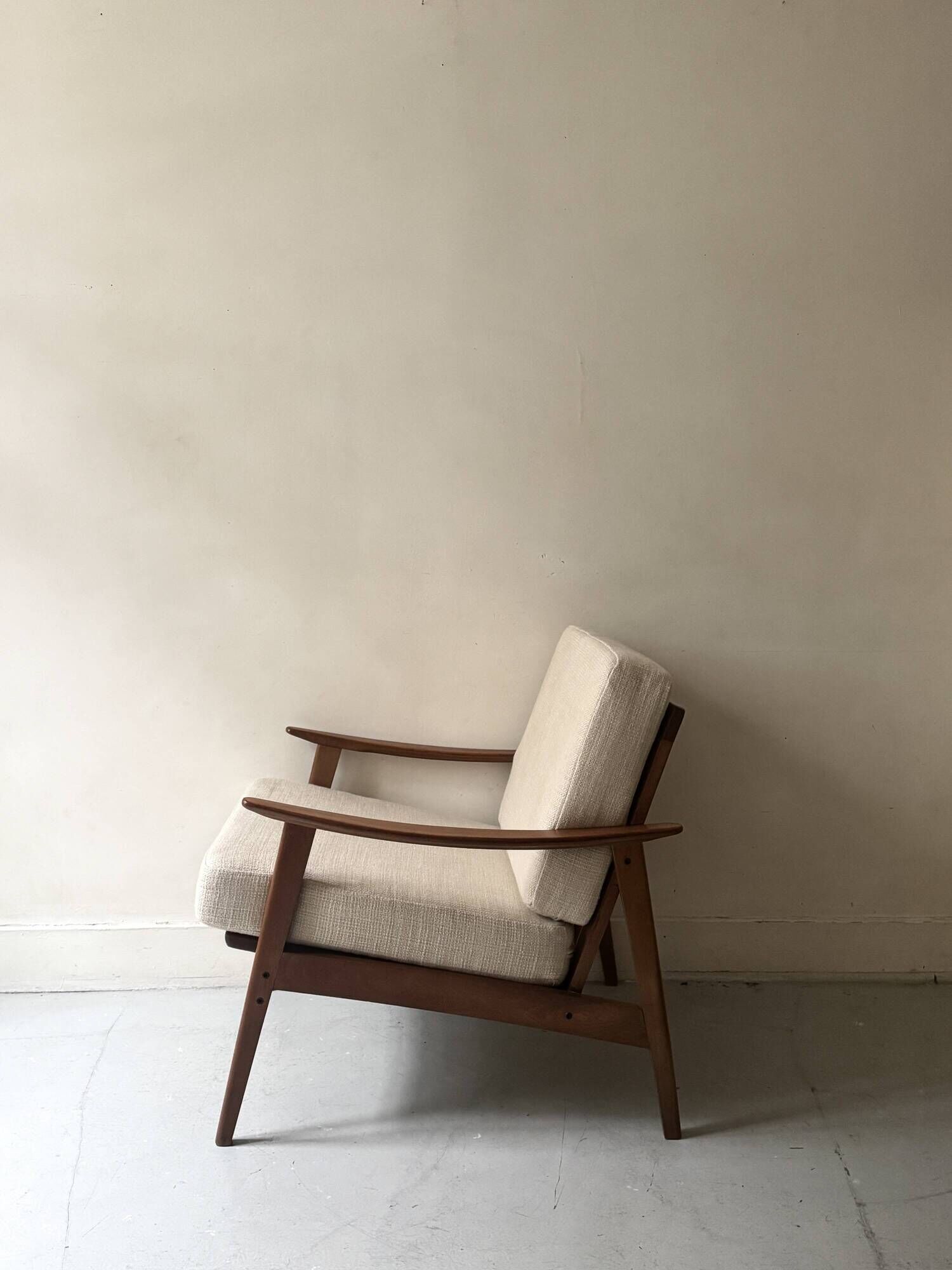 Scandinavian armchair in wood, Pierre Frey fabric, refurbished, Denmark 1950.