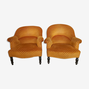 Paire de fauteuils crapaud velours orange