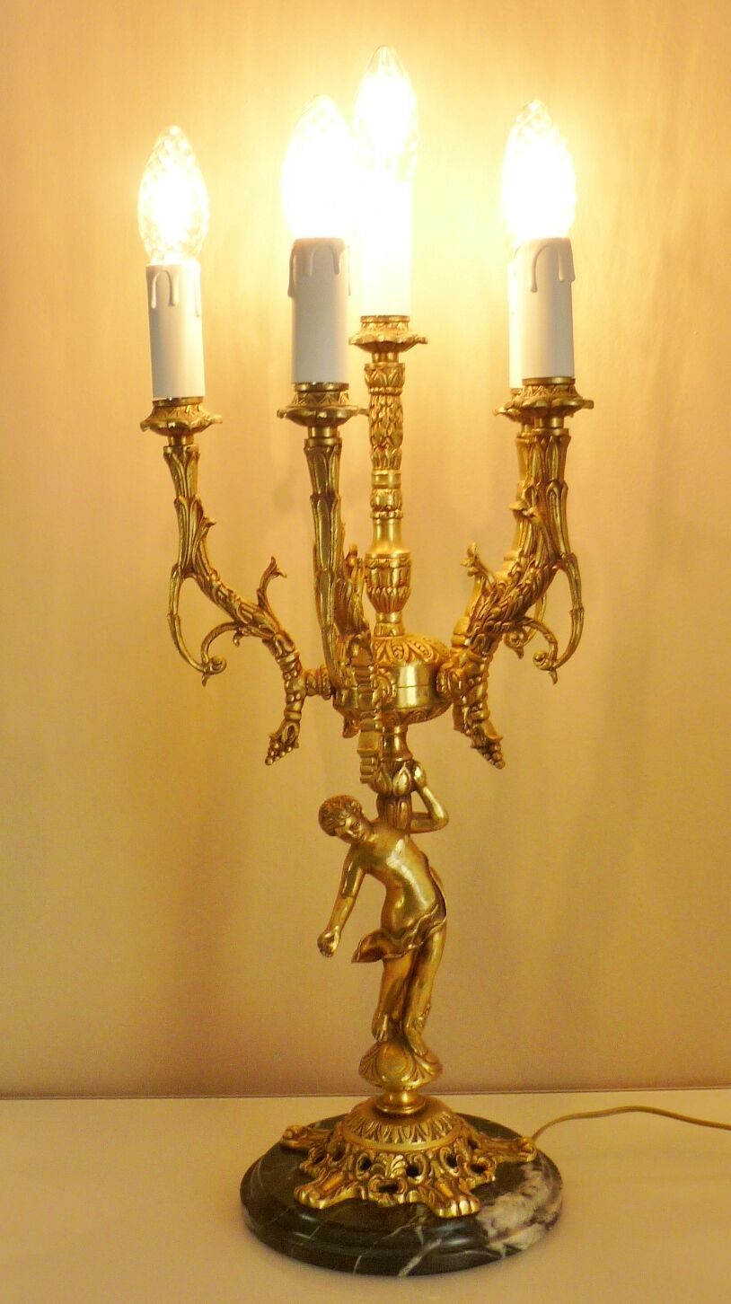 Candelabra, 6-pointed candlestick, marble, bronze, putti decoration, putto