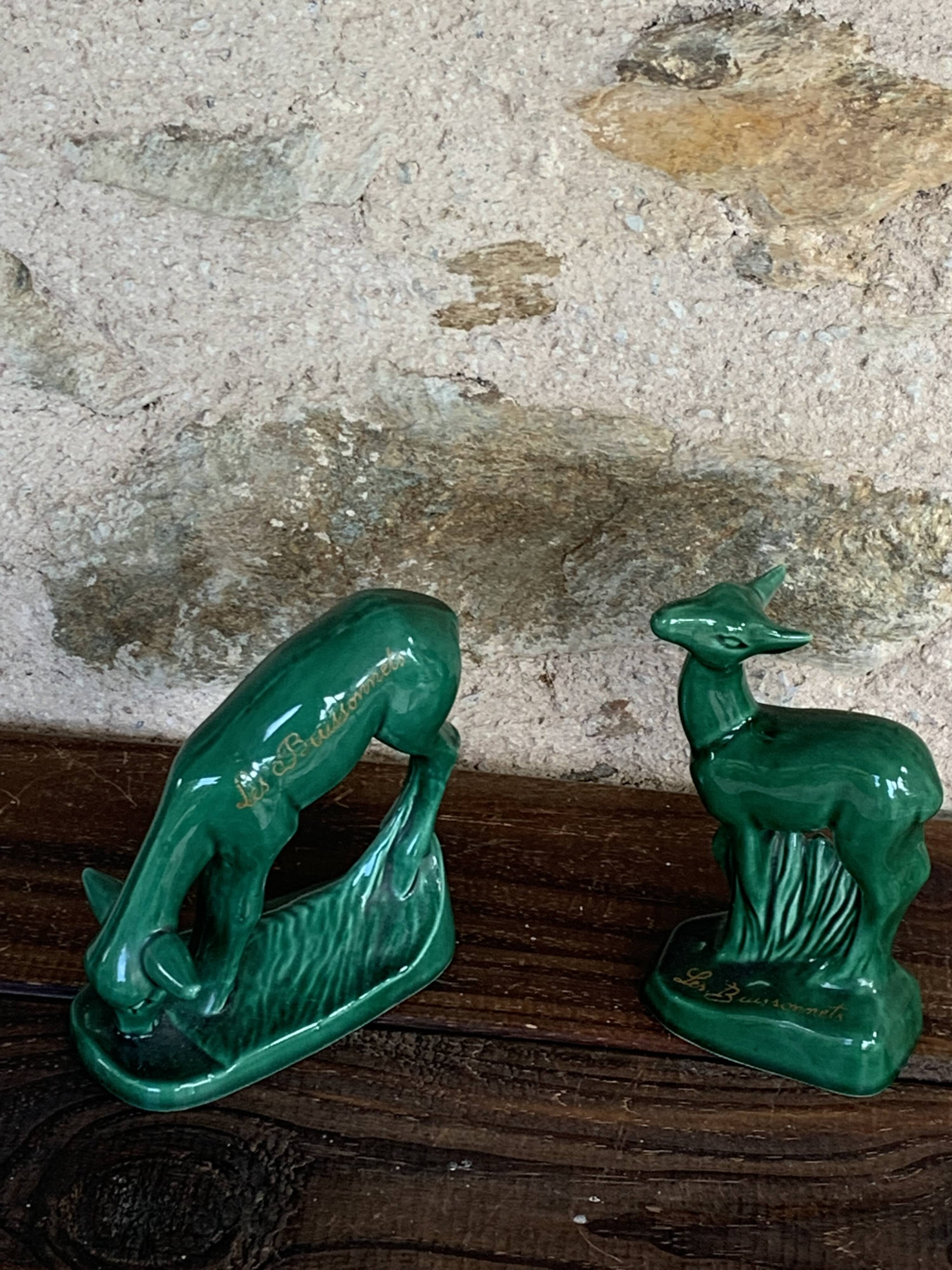 Pair of deer in green enameled ceramic, slip, decorative, Stamped, Les Buissonnets