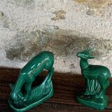 Pair of deer in green enameled ceramic, slip, decorative, Stamped, Les Buissonnets