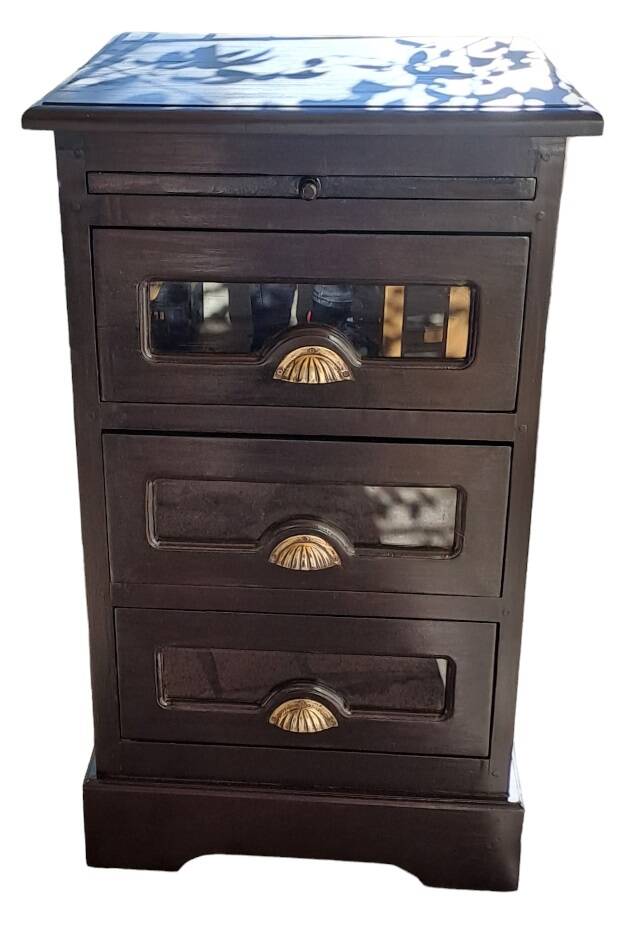 meuble rangement cuisine ou loisirs créatifs 3 tiroirs et 1 tablette en bois massif marron vernissé