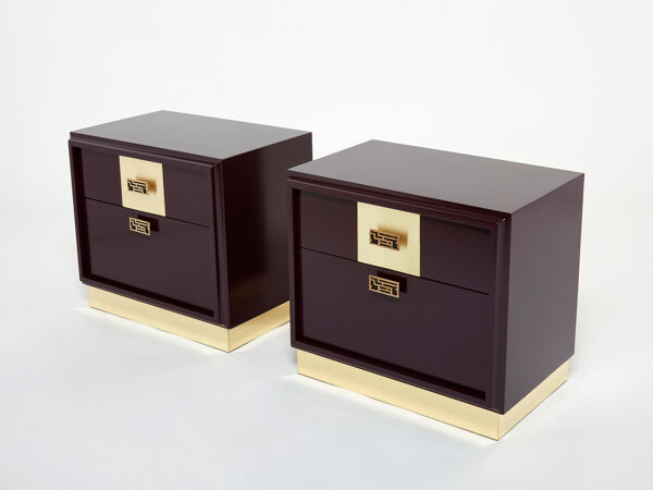 Paire de tables de chevet laque prune laiton Luciano Frigerio Italie 1970