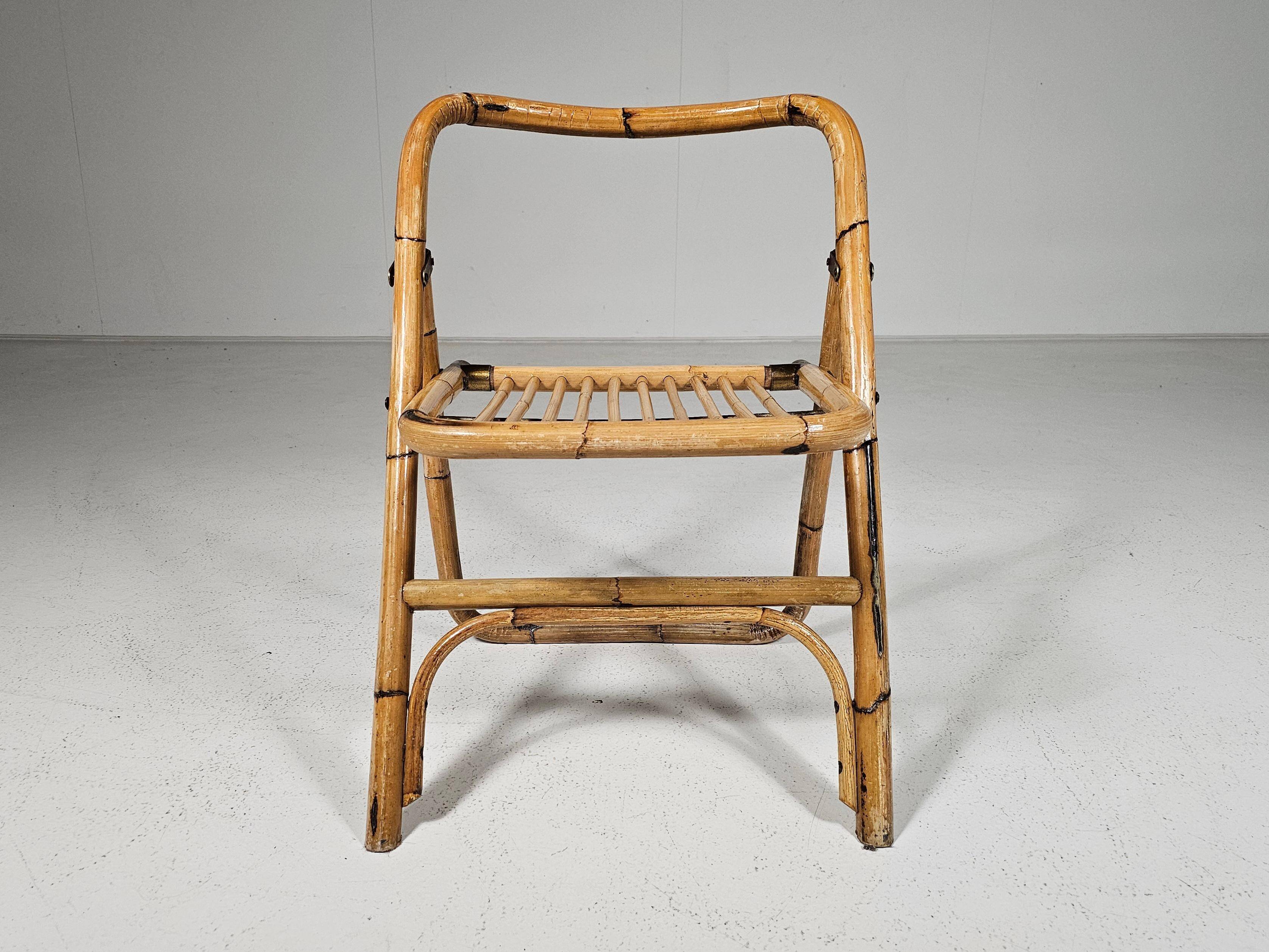 Set of 4 Dal Vera bamboo folding chairs, brass details, Italy, 1960s.