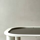 Rectangular coffee table with rounded edges, lacquered metal, brass & smoked mirror, 70s design.