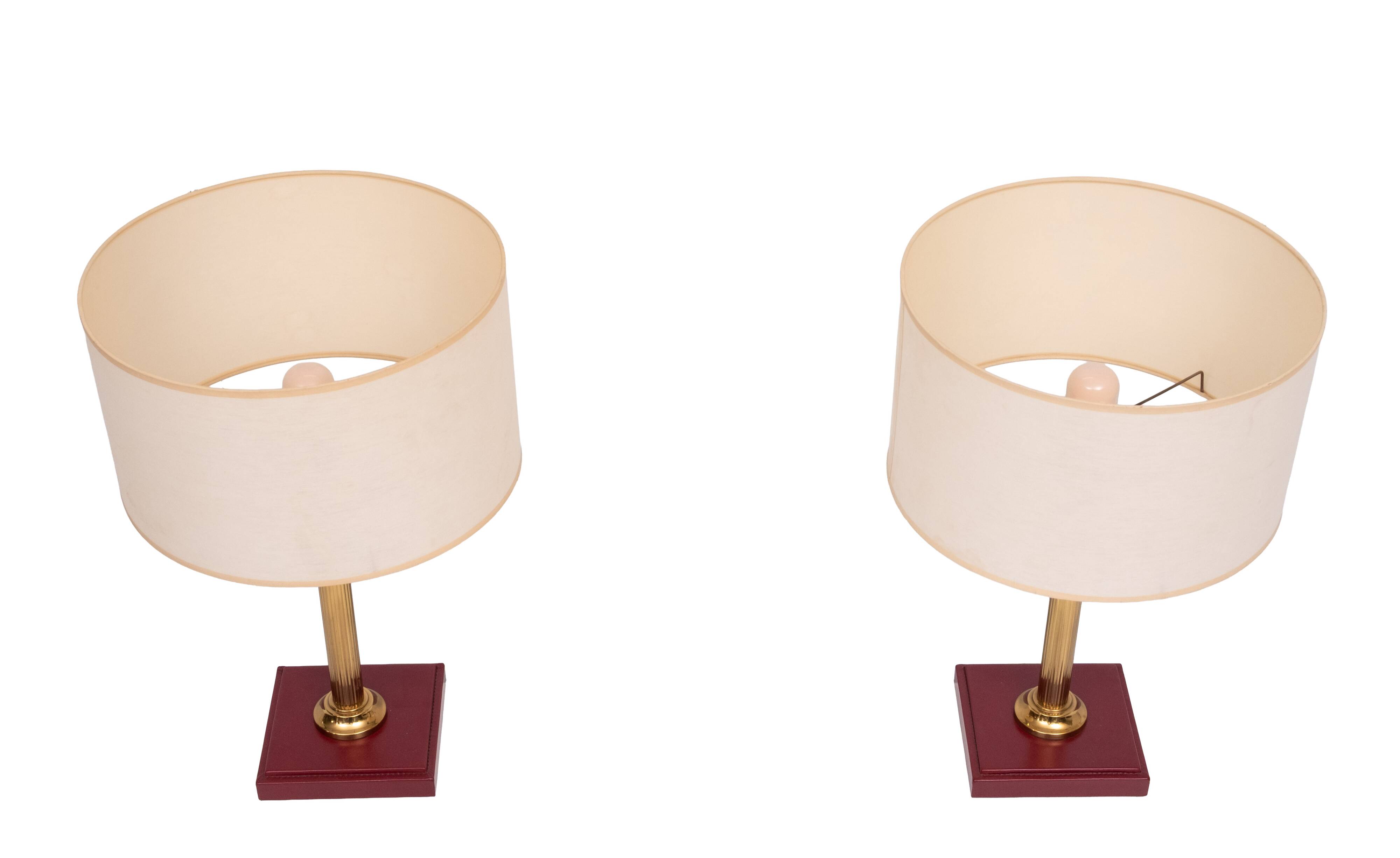 set Jacques Adnet Red Stich Leather Table lamps 1960s France