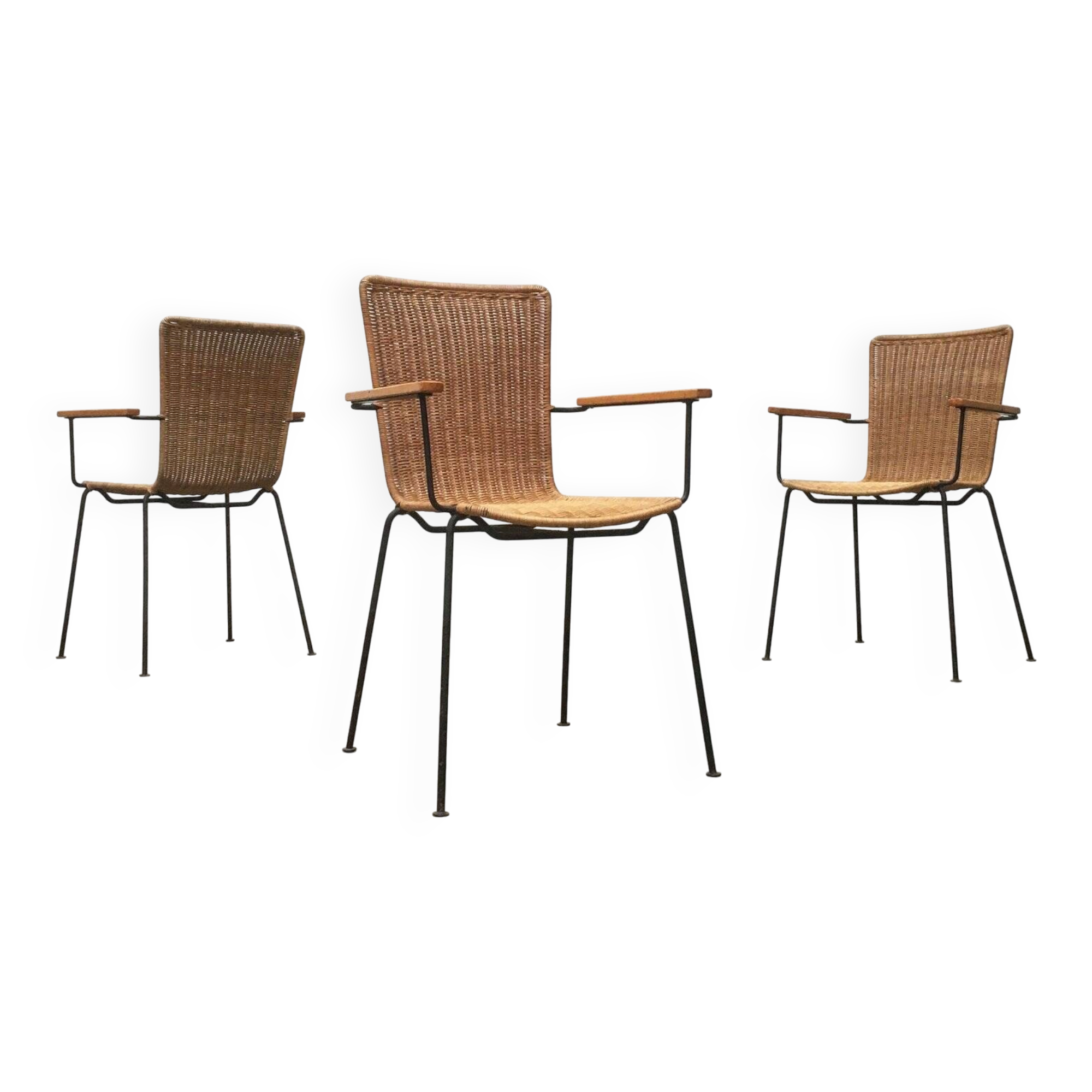 Mid-century metal and rattan dining chairs, set of 3.