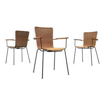 Chaises à manger en métal et rotin style milieu du siècle, lot de 3