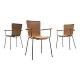 Mid-century metal and rattan dining chairs, set of 3.