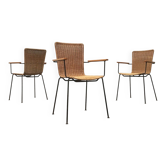 Chaises à manger en métal et rotin style milieu du siècle, lot de 3