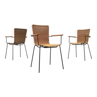 Mid-century metal and rattan dining chairs, set of 3.