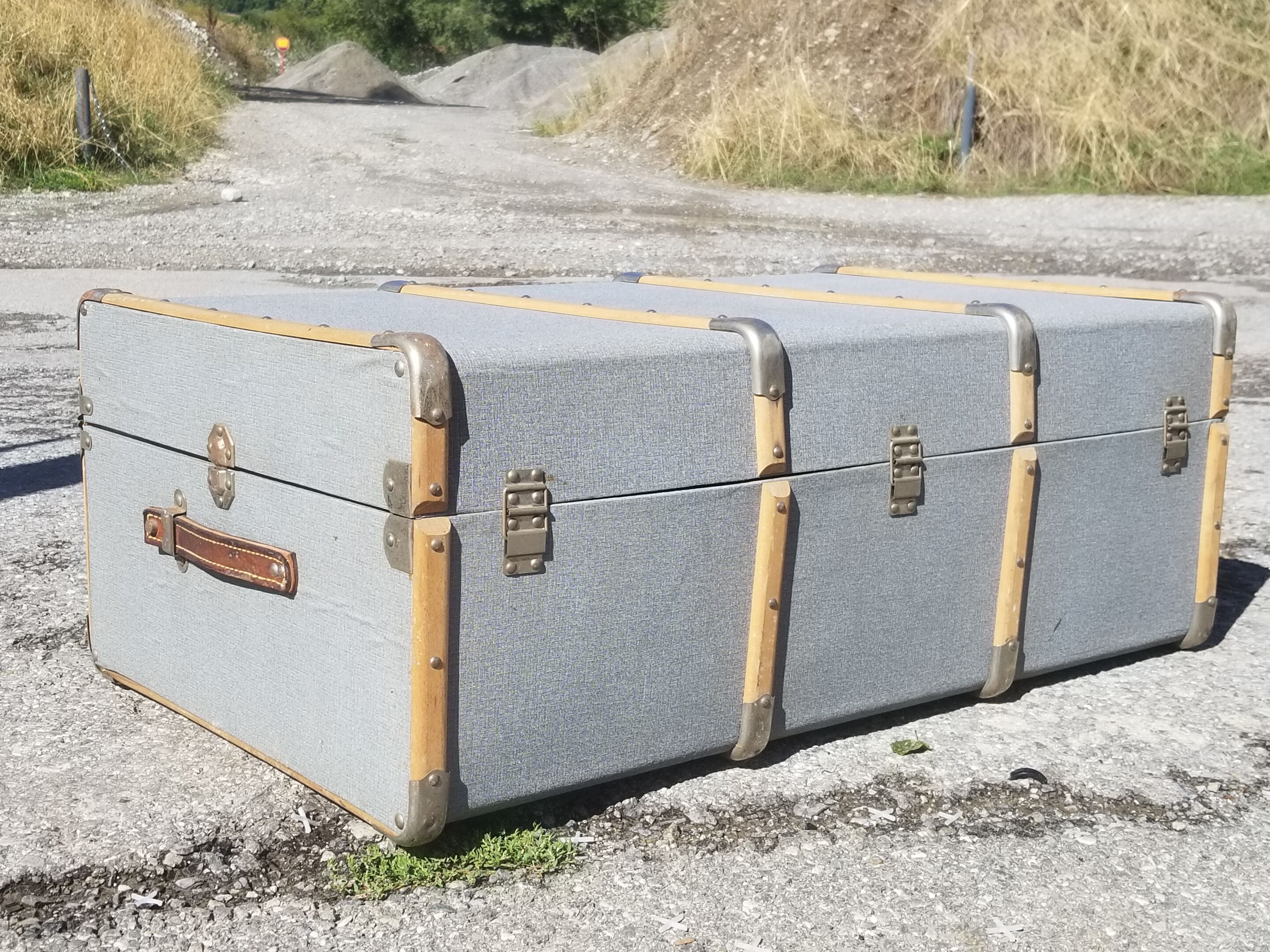 Vintage wooden travel trunk stamped bagage j.m.g.é.
