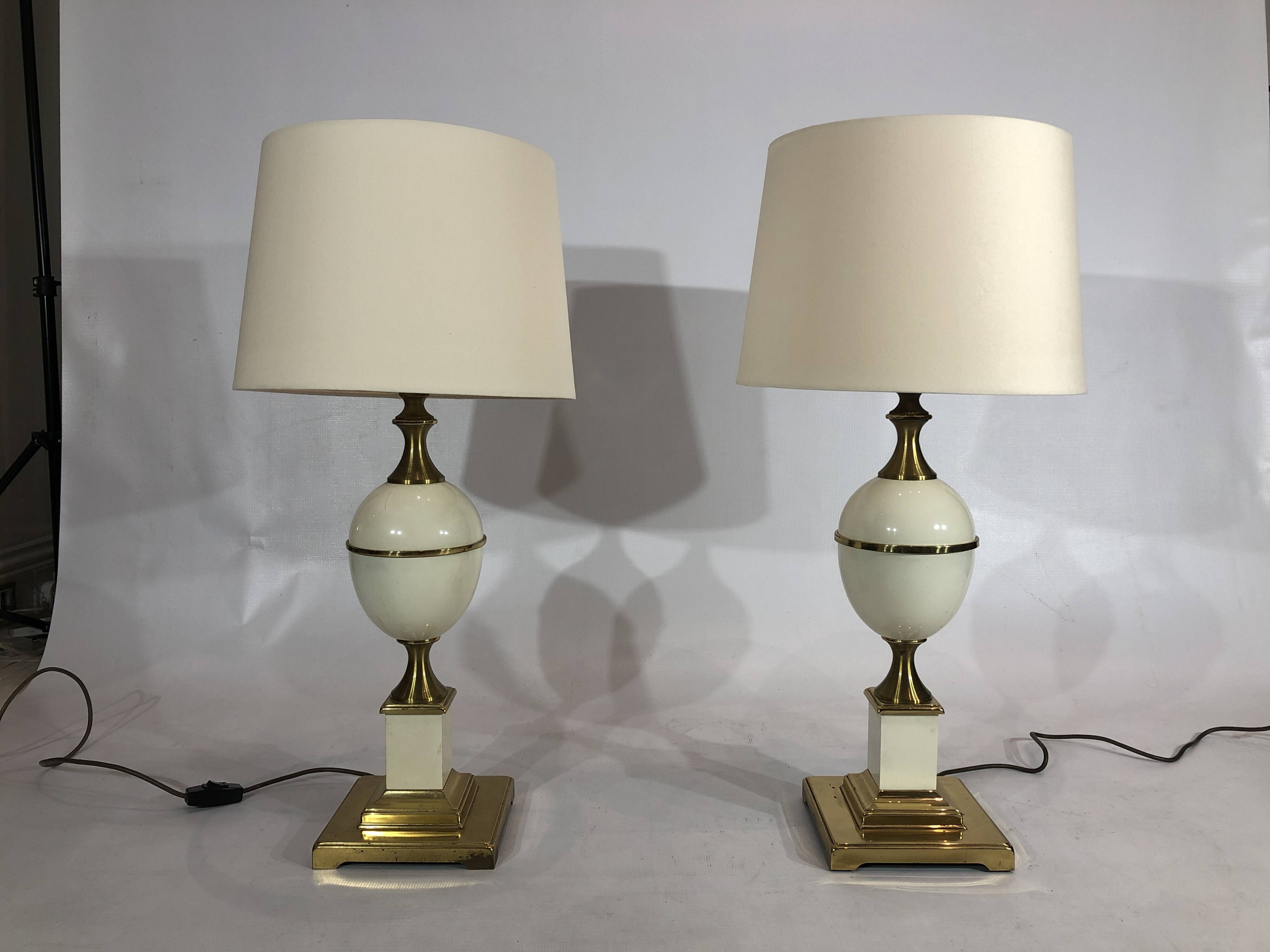 Near Pair of Vintage Enamel Egg Table Lamps - 1970s Hollywood Regency Retro