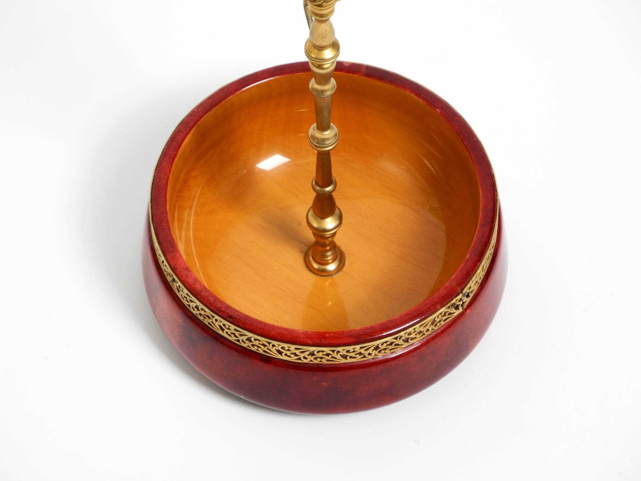 Beautiful 1960s nut bowl by Aldo Tura made of red goatskin and brass
