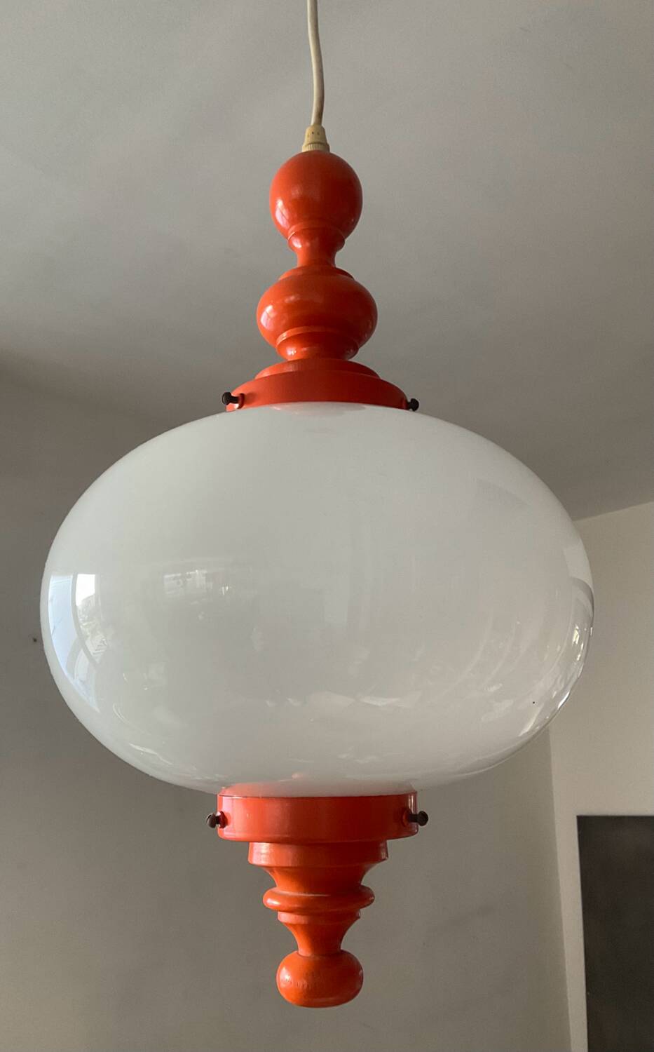 Space Age pendant light in opaline and wood