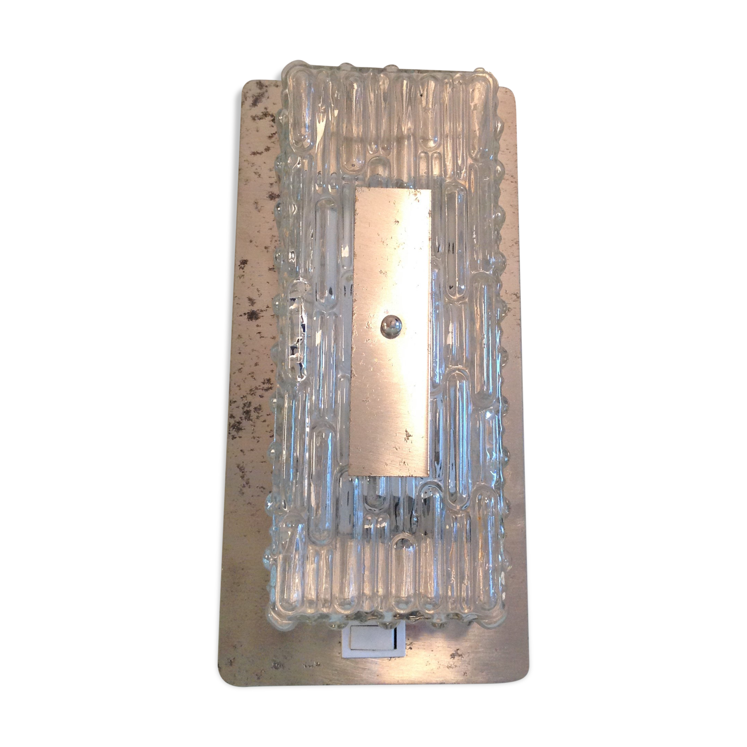 Rectangular wall lamp in brushed glass and metal / vintage 60s-70s
