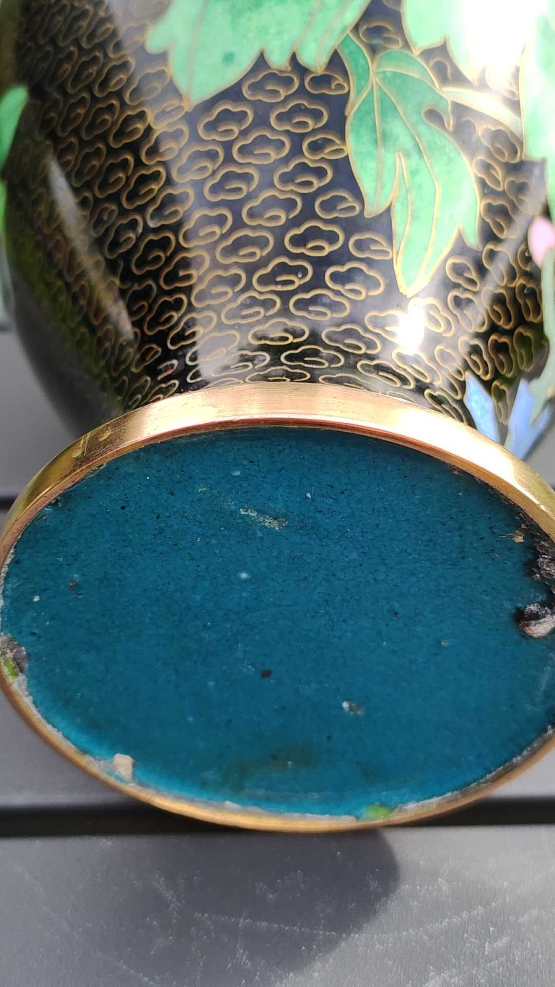 Asian handcrafted decorative vase in cloisonné enamels, neck outline & brass base