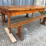 Antique farmhouse table in solid cherry wood with its 2 benches