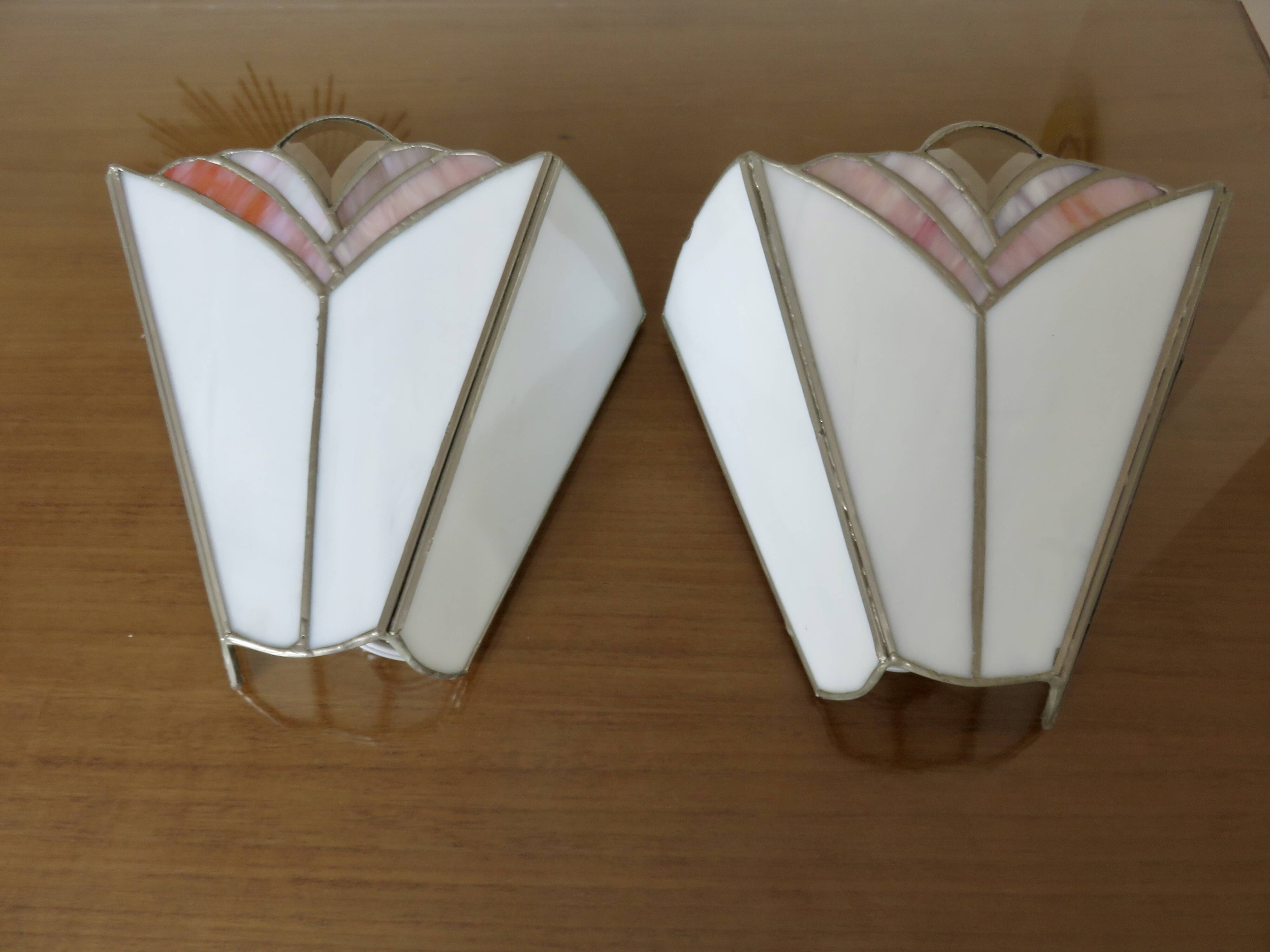 Pair of white and pink glass paste wall lights, Italy, Art Deco style