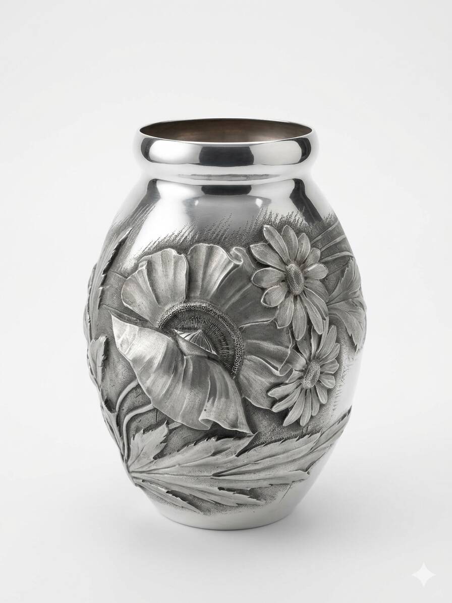 Art Deco vase in repoussé tin Signed Houzeaux Floral decoration 30 cm