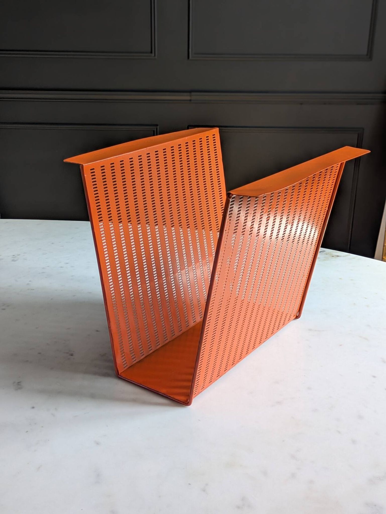 Vintage metal magazine rack in perforated orange/Mathieu Mategot style/70s