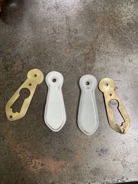 pair of antique brass door lock entries and porcelain cover art d