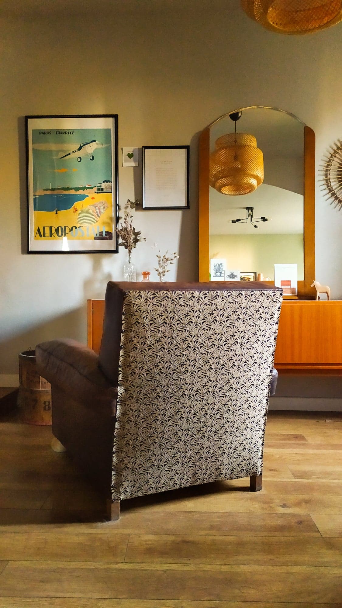 Leather and jacquard club chair