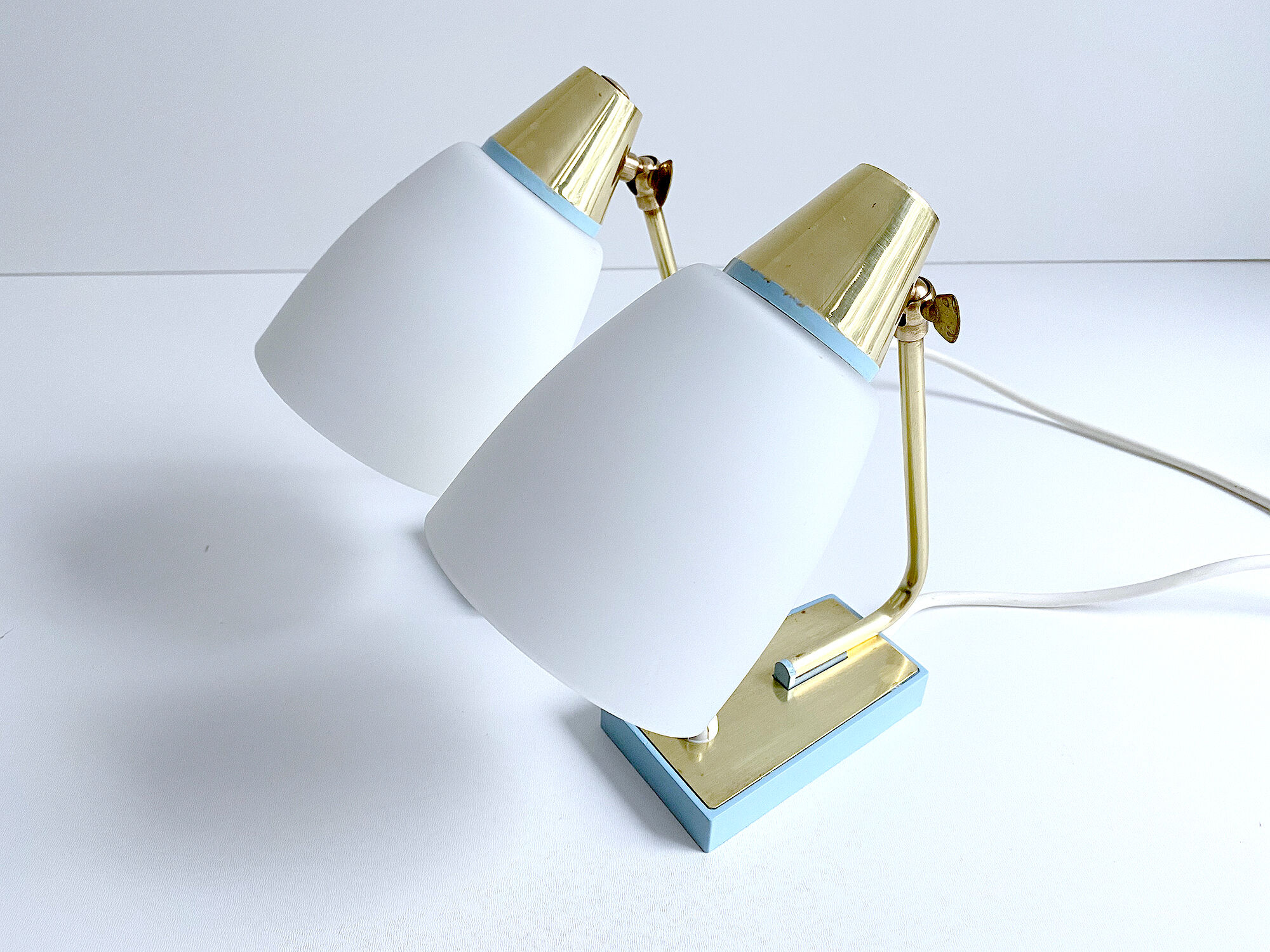 Pair of vintage table or bedside lamps, brass and glass, 50s 60s