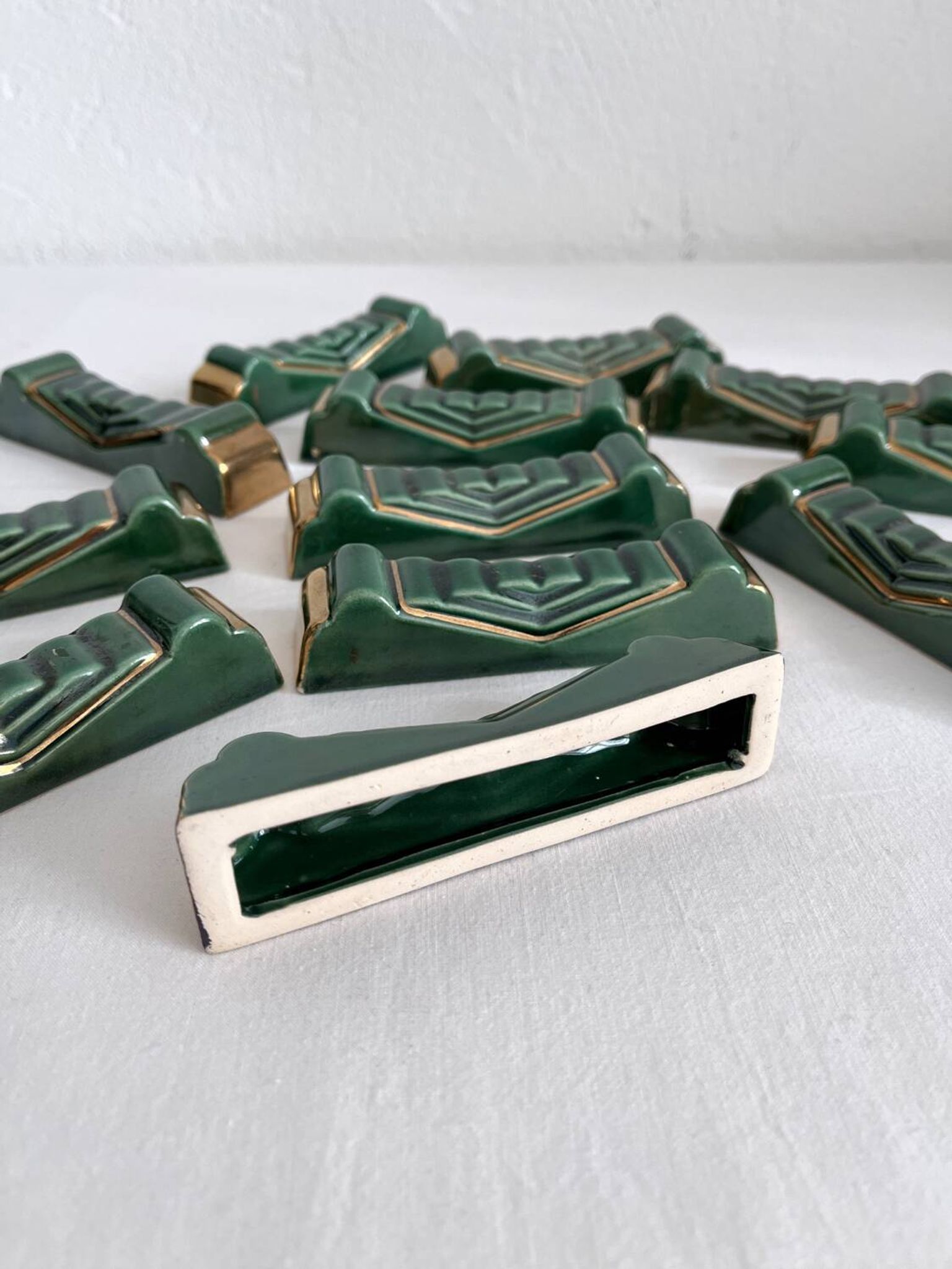 12 vintage green and gold ceramic knife holders from the 50s