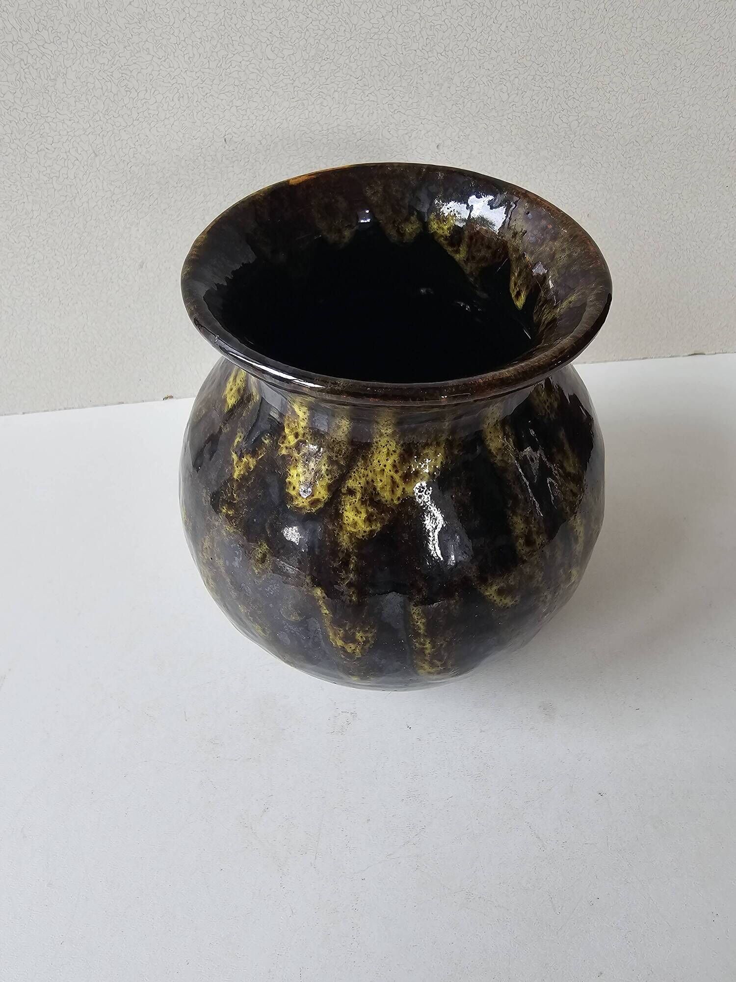 Ceramic vase with black and yellow flame glaze Signed Morvan Petit Massé