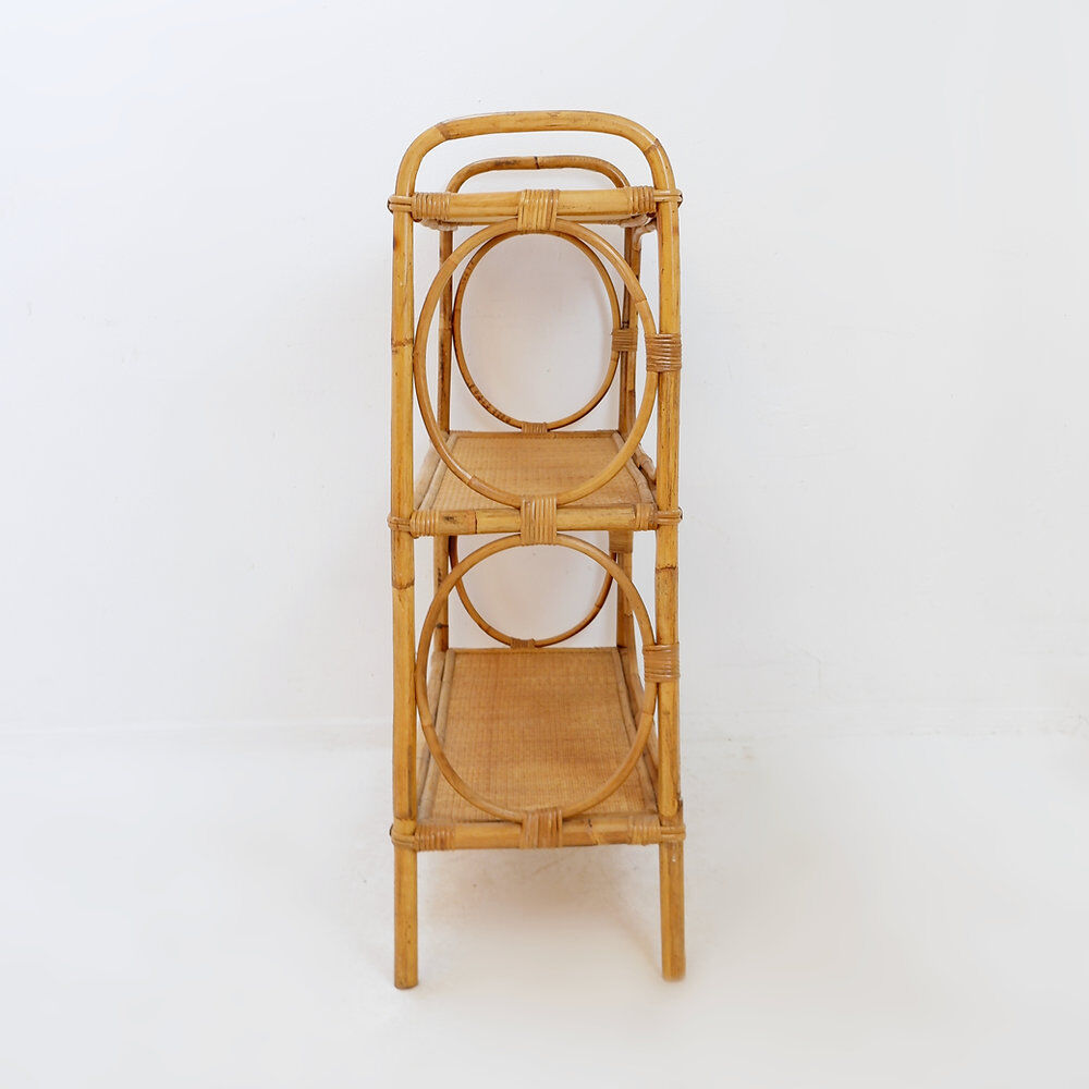 Vintage three-tier rattan shelf in bohemian style - 1960s