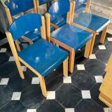 Series of 6 stackable vintage chairs, italian design, blue tinted beech, ca 1980