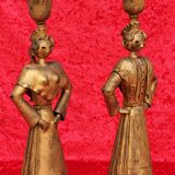 Pair of gilded beaten iron sculpture lamps attributed to Gilbert Poillerat