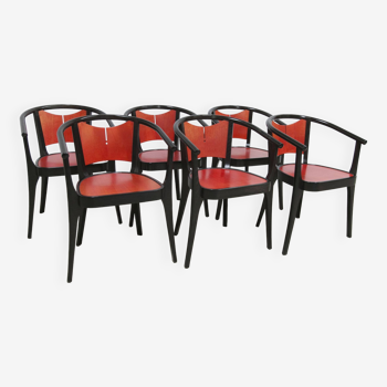 Lot de 6 fauteuils Baumann modèle Diese, design Pagnon Pelhaître , couleur Wengé et rouge