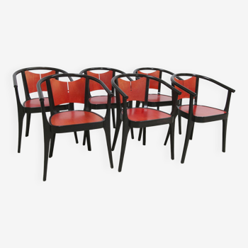 Set of 6 Baumann Diese model armchairs, Pagnon Pelhaître design, Wenge and red color