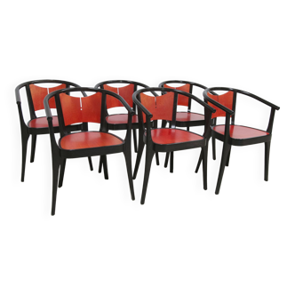 Lot de 6 fauteuils Baumann modèle Diese, design Pagnon Pelhaître , couleur Wengé et rouge