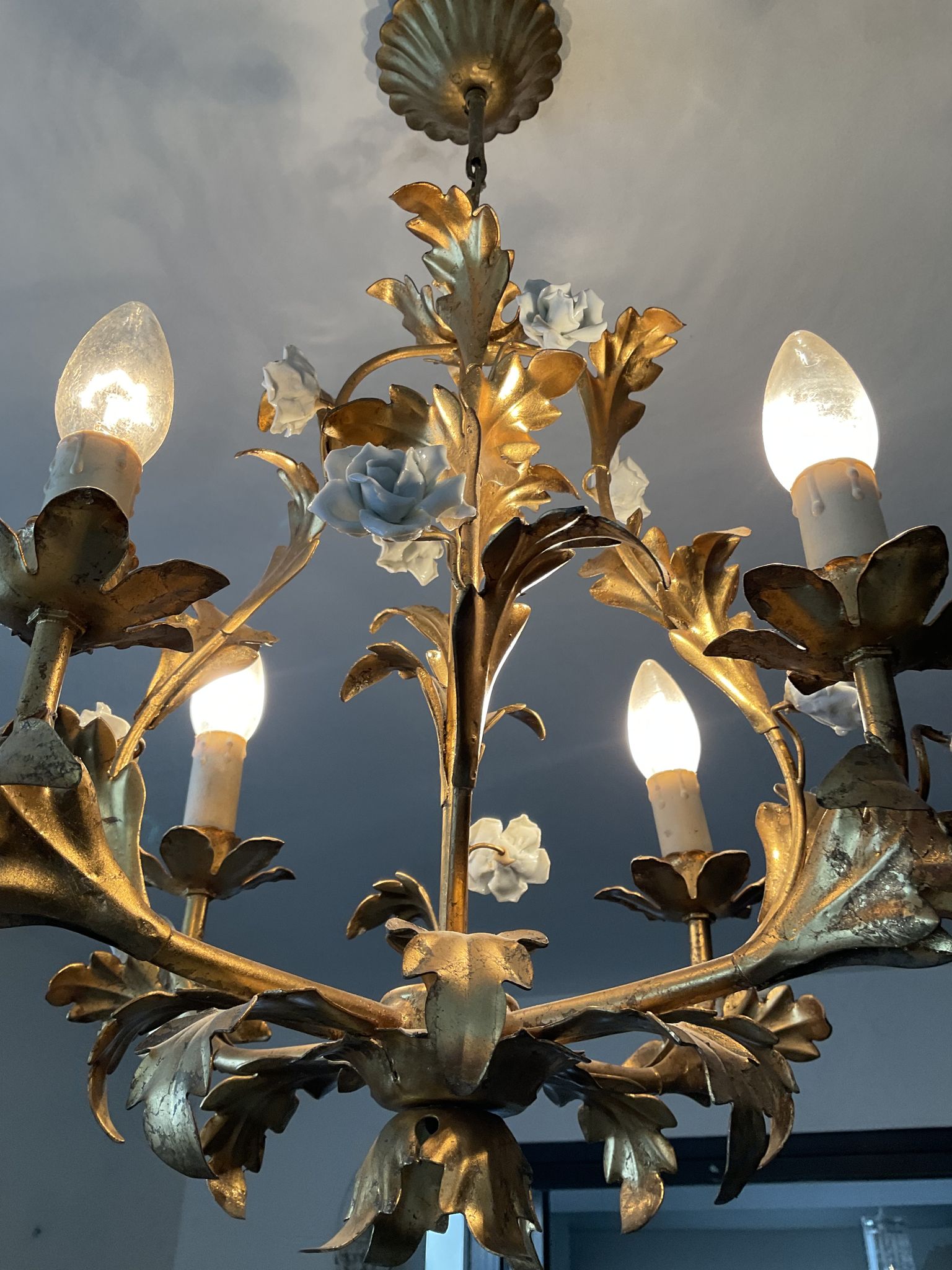 Italian cage chandelier golden leaves and porcelain flowers
