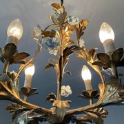 Italian cage chandelier golden leaves and porcelain flowers