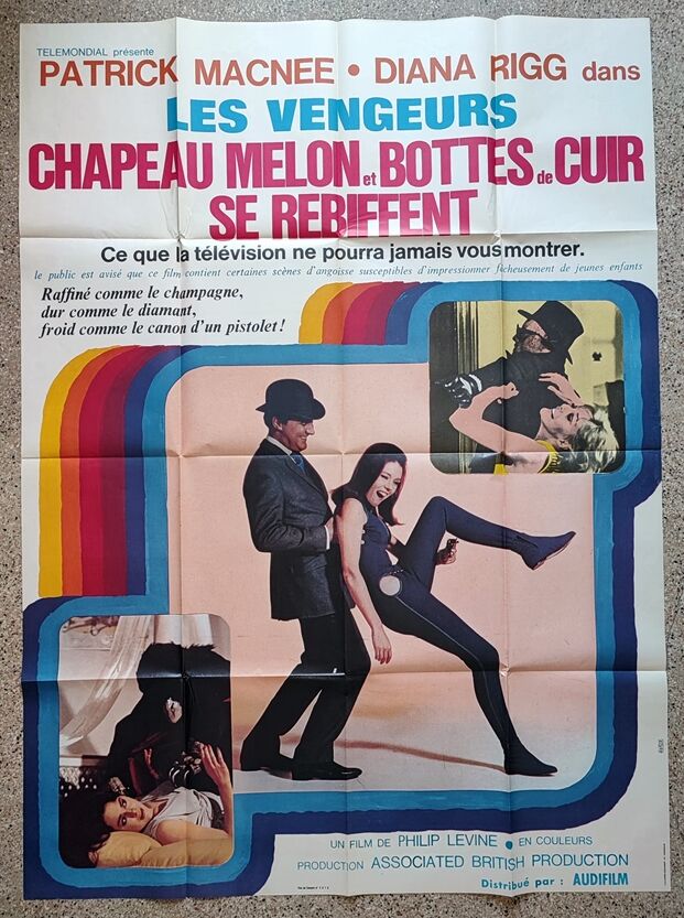 Affiche originale 1967 chapeau melon et bottes de cuir se rebiffent patrick macnee diana rigg