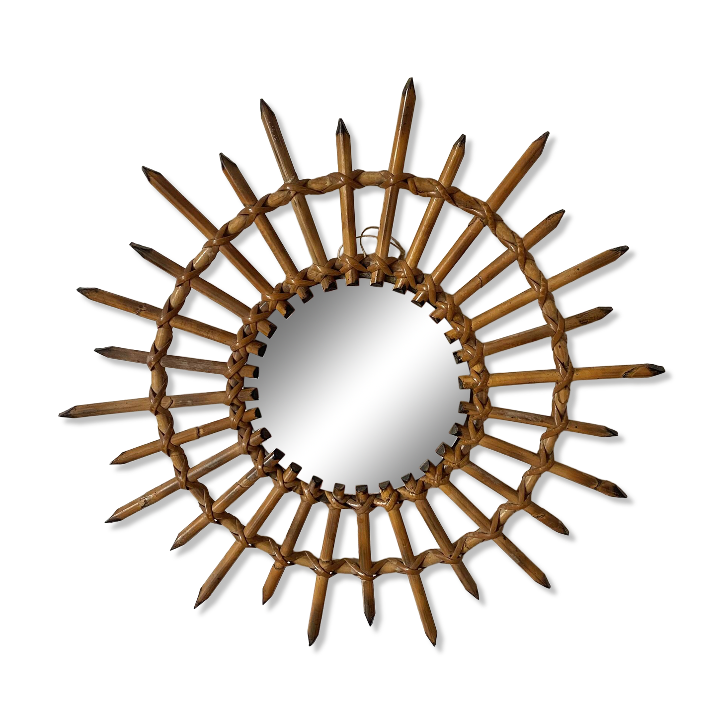 Miroir soleil en rotin années 60-70