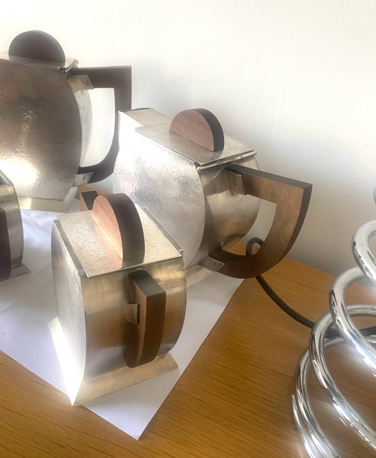 Art Deco tea coffee service 1930s hammered silver metal wood Antique Ant