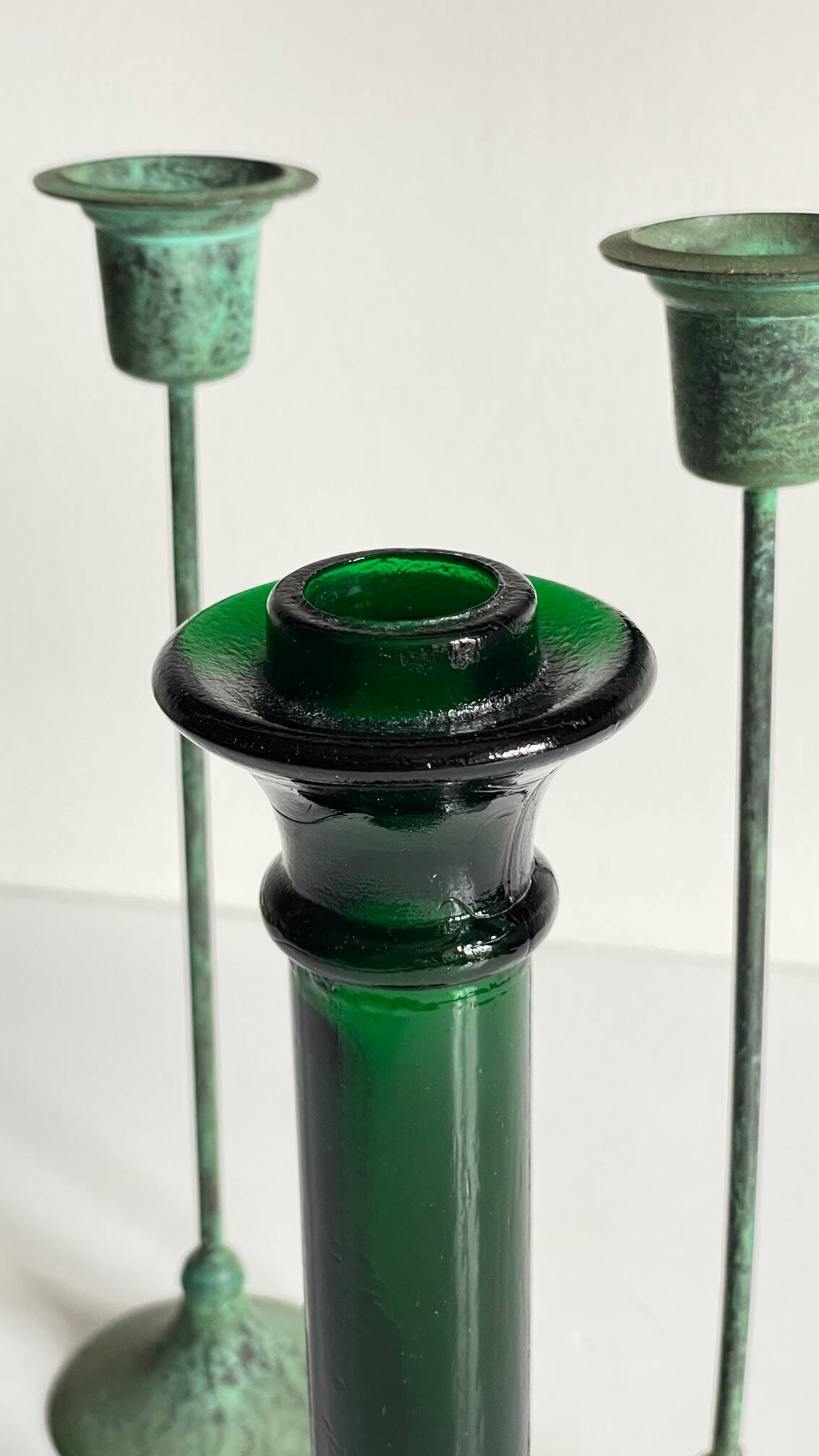 Vintage Glass and Metal Candlesticks Green