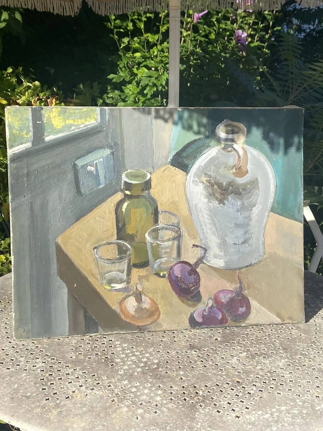 Oil painting on canvas, still life with glasses, 1950s