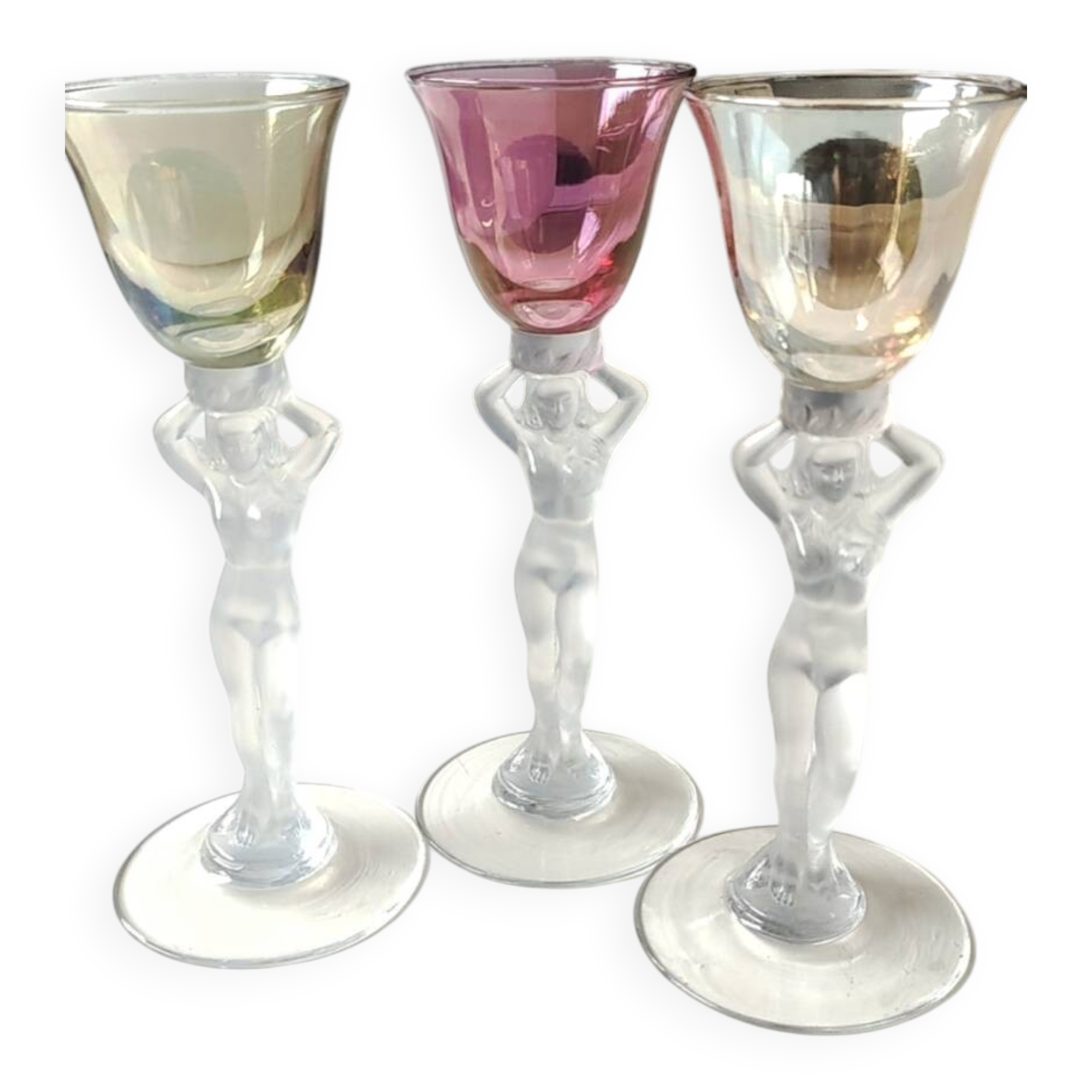 Set of 3 iridescent glasses/Caryatids/Venus base. Royal Bayel Crystal.
