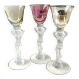 Set of 3 iridescent glasses/Caryatids/Venus base. Royal Bayel Crystal.