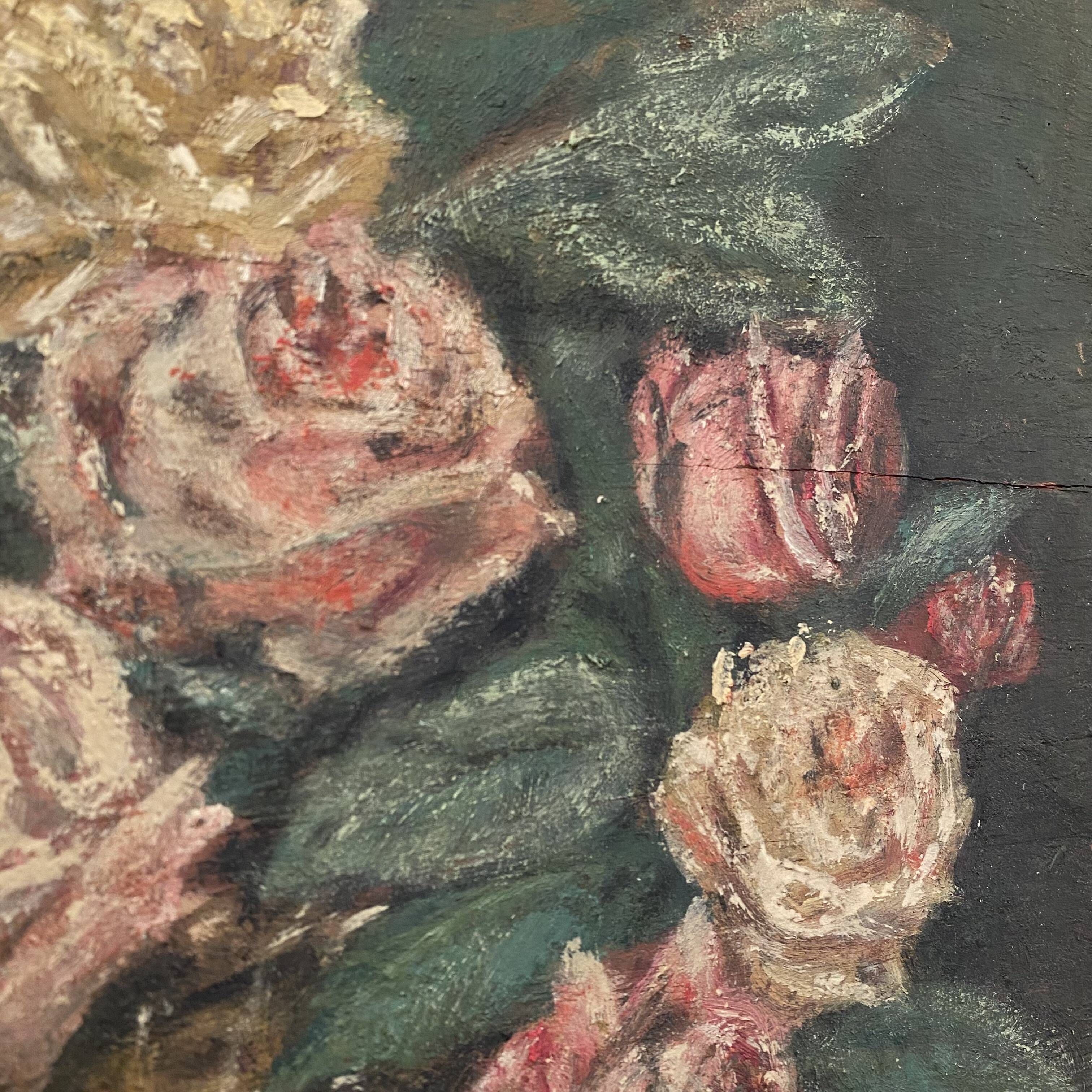 Peinture sur bois bouquet de roses signé