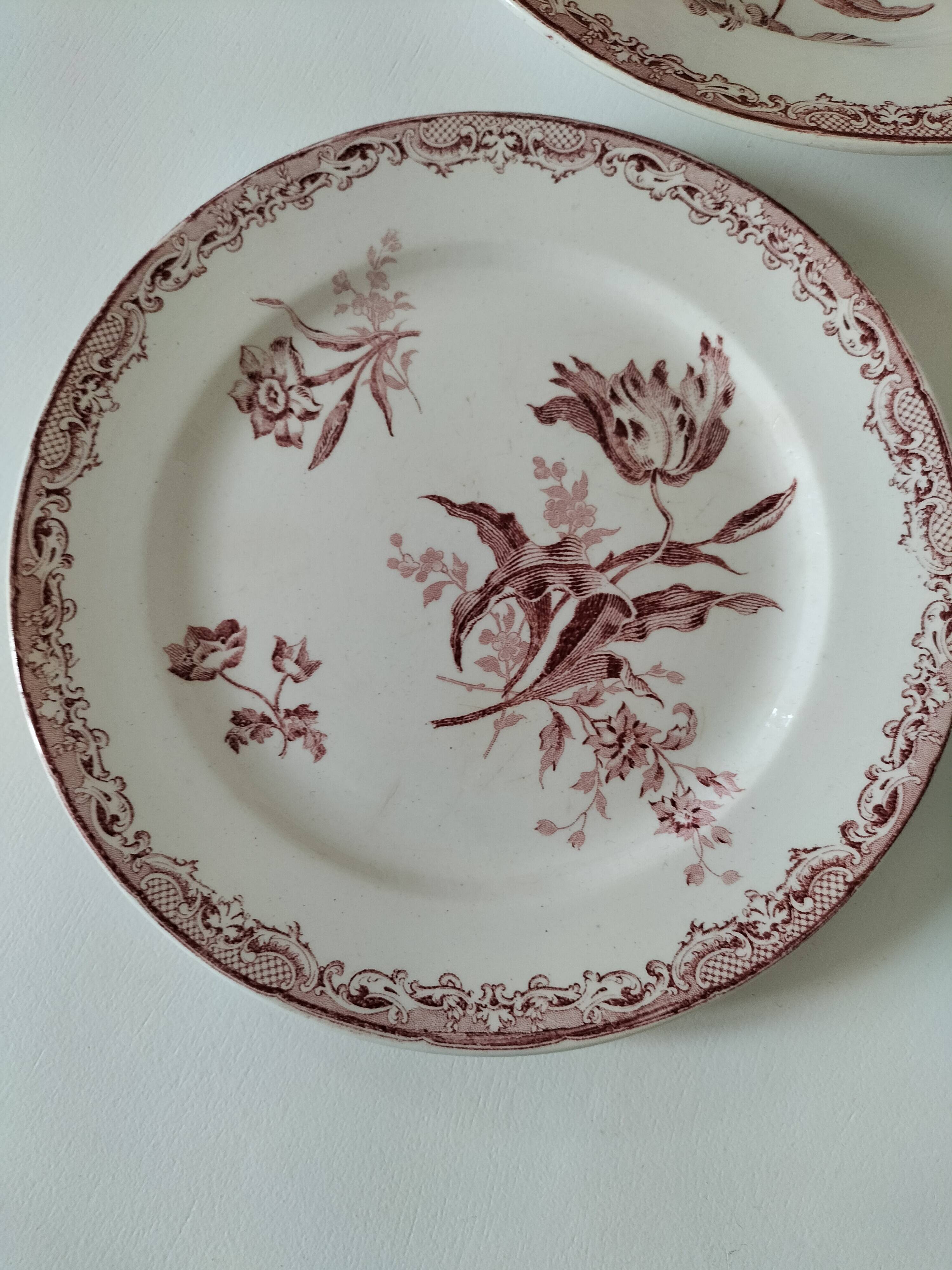 6 assiettes anciennes terre de fer rose dépareillées