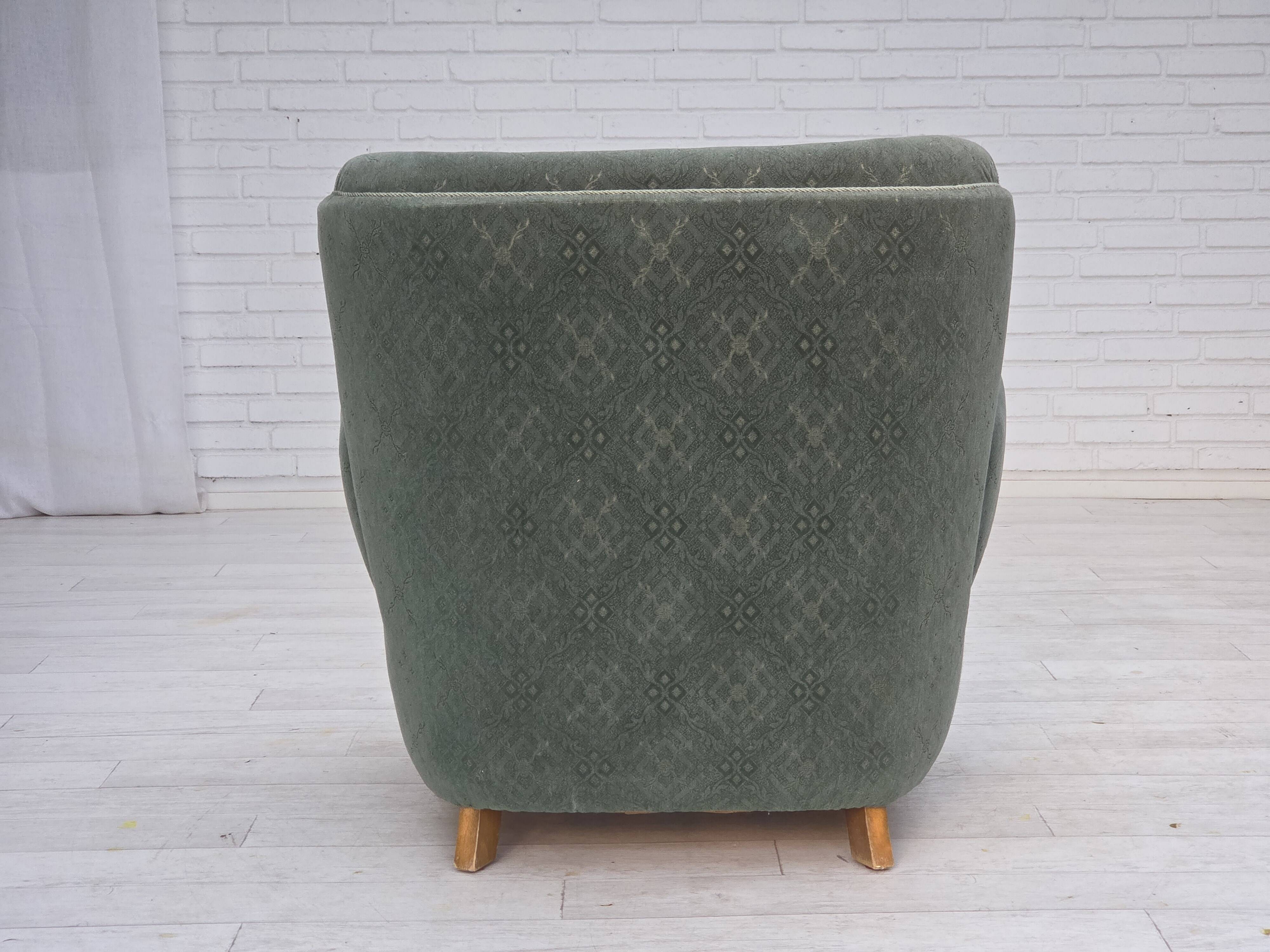 1960s, Danish armchair, light green furniture wool, oak wood legs.